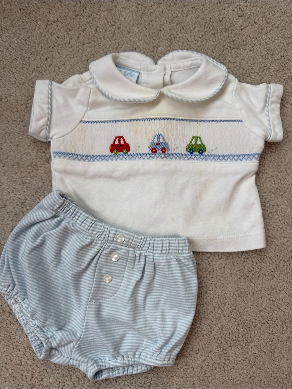 Petit Bebe  White & Blue Baby Car Smocked Top and Shorts Set